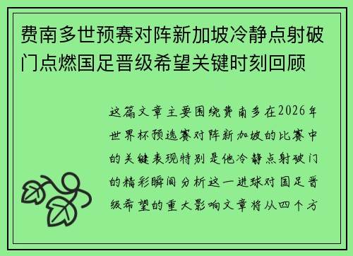 费南多世预赛对阵新加坡冷静点射破门点燃国足晋级希望关键时刻回顾