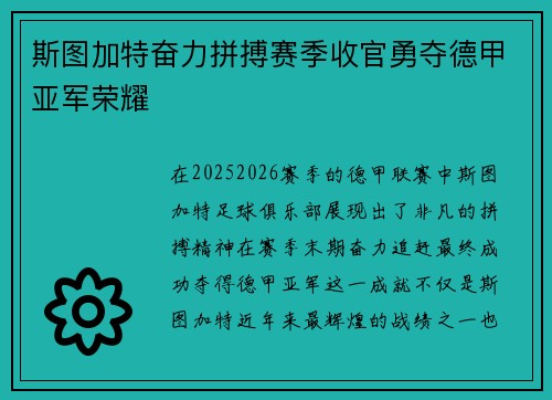 斯图加特奋力拼搏赛季收官勇夺德甲亚军荣耀 斯图加特奋力拼搏赛季收官勇夺德甲亚军荣耀
